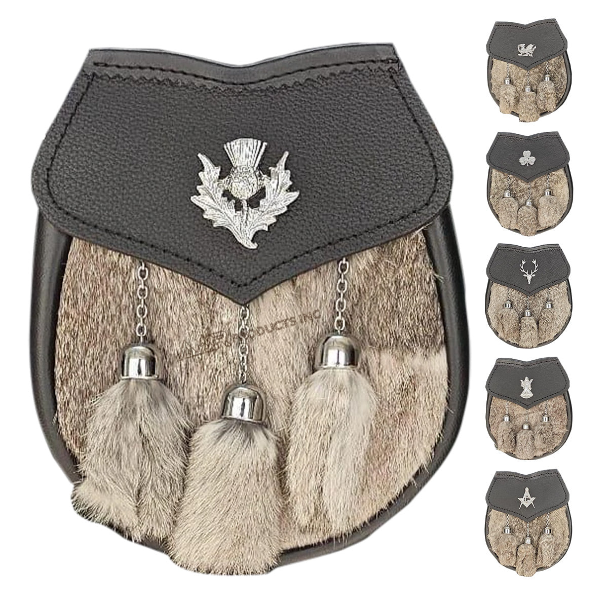 Mens Semi Dress Sporran Brown Rabbit Formal Fur 3 Tassels Leather Belt Chain