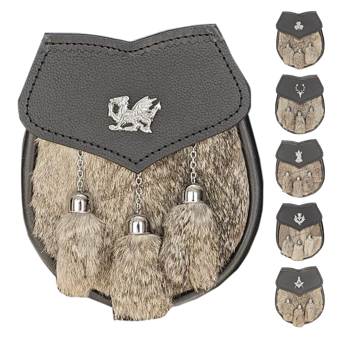 Mens Semi Dress Sporran Brown Rabbit Formal Fur 3 Tassels Leather Belt Chain