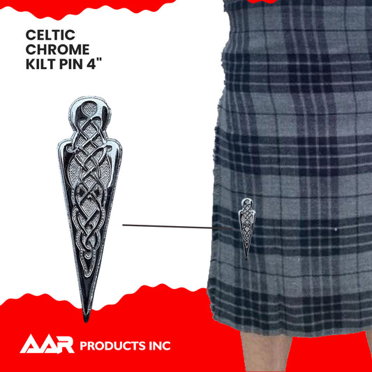 Scottish Kilt Pin Celtic Knot Chrome Crest Design Brass Finish 4"