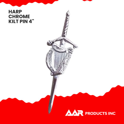 Irish Harp kilt Pin 4" Highland Chrome Finish Scottish Kilt Pin