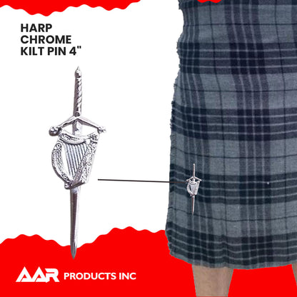 Irish Harp kilt Pin 4" Highland Chrome Finish Scottish Kilt Pin