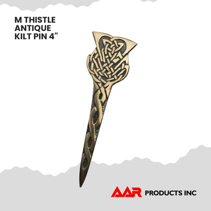 AAR Scottish Thistle Celtic Crest Kilt Pin – 4" Antique Brass & Chrome Finish | Highland Sword Design Brooch