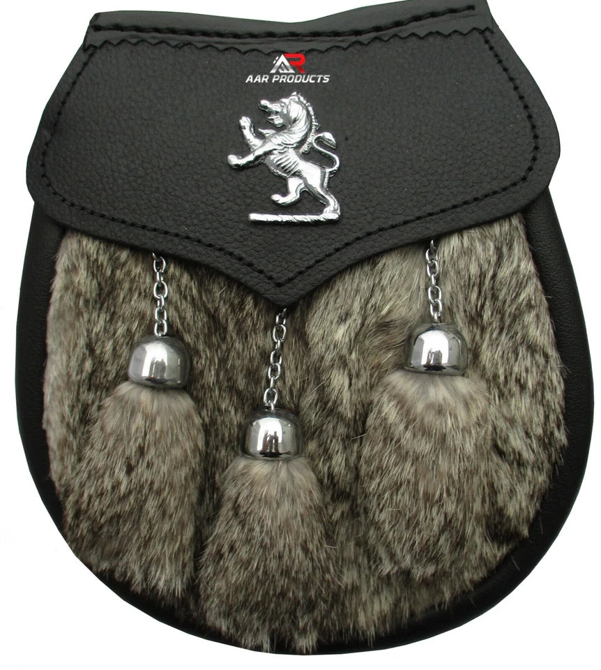 AAR Mens Semi Dress Sporran Brown Rabbit Formal Fur 3 Tassels Leather Belt Chain