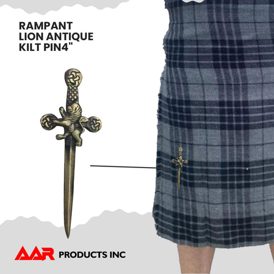 Rampant Lion Kilt Pin Antique Chrome Finish, 4-Inch with Swivel Locking Back Scottish Highland Accessory by AAR
