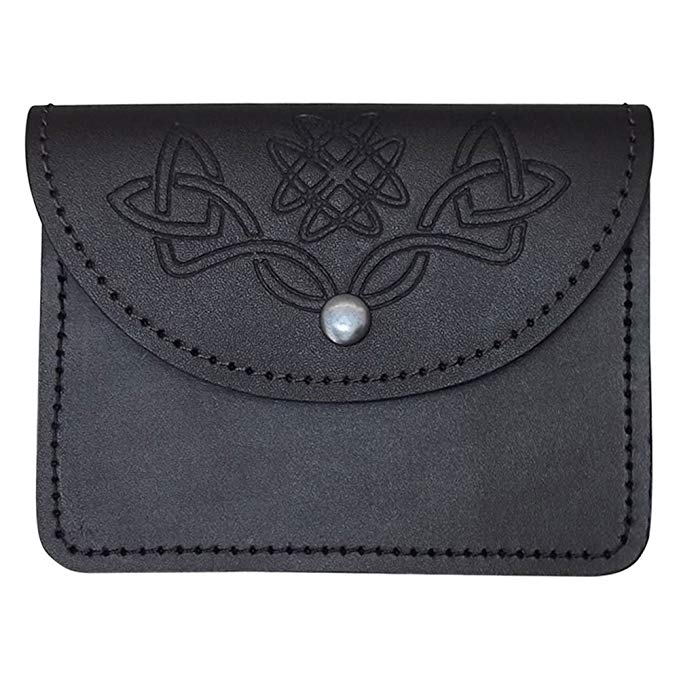 Scottish Celtic Embossed Black Leather Belt Pouch Sporran Bag Piper Drummer