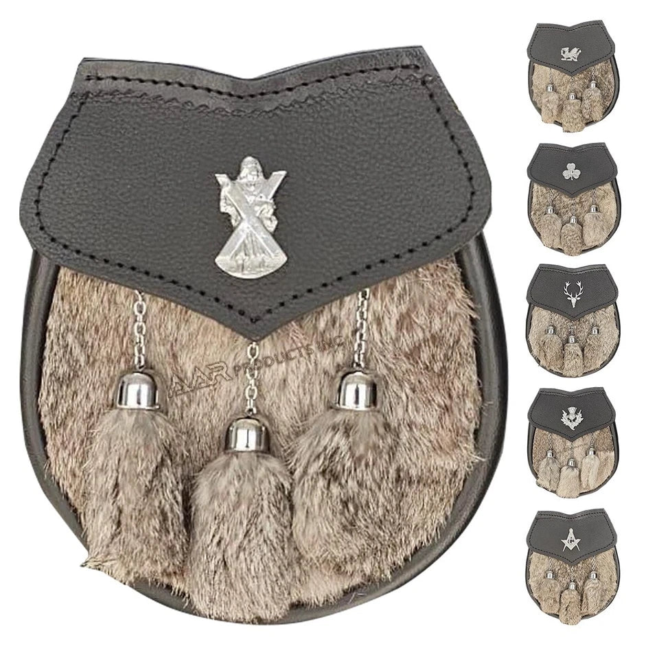AAR Mens Semi Dress Sporran Brown Rabbit Formal Fur 3 Tassels Leather Belt Chain