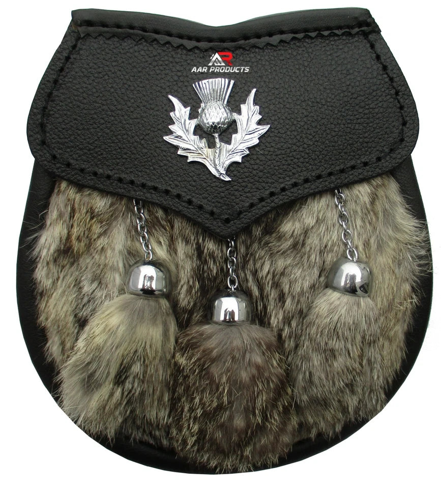 AAR Mens Semi Dress Sporran Brown Rabbit Formal Fur 3 Tassels Leather Belt Chain