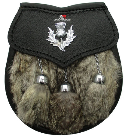 AAR Mens Semi Dress Sporran Brown Rabbit Formal Fur 3 Tassels Leather Belt Chain