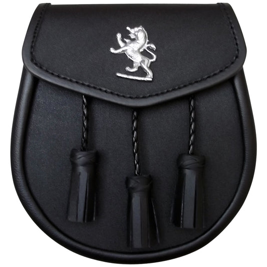 Brand New Black Leather Sporran with 3 Tassels & Rampant Lion Badge