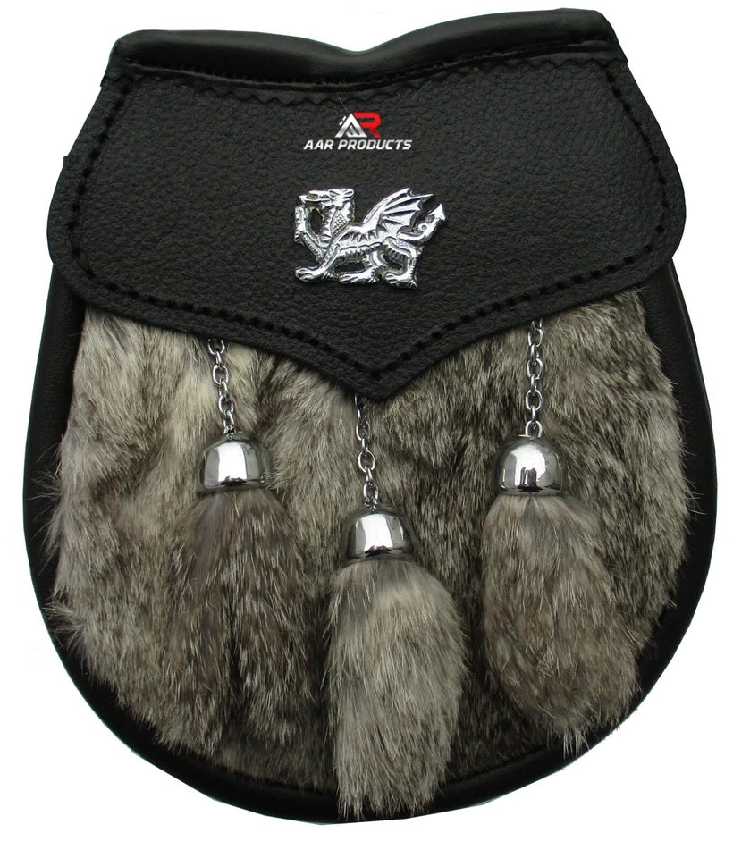 AAR Mens Semi Dress Sporran Brown Rabbit Formal Fur 3 Tassels Leather Belt Chain