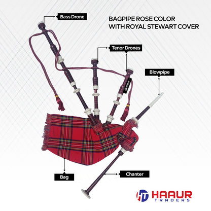 Scottish Bagpipe Rose Color with Royal Stewart Cover & Cord Ivory Mounts