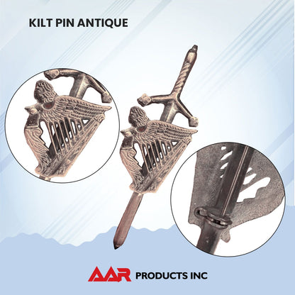 AAR Kilt Pins Scottish Big Harp Highland Kilts Pin Antique Plated 4"