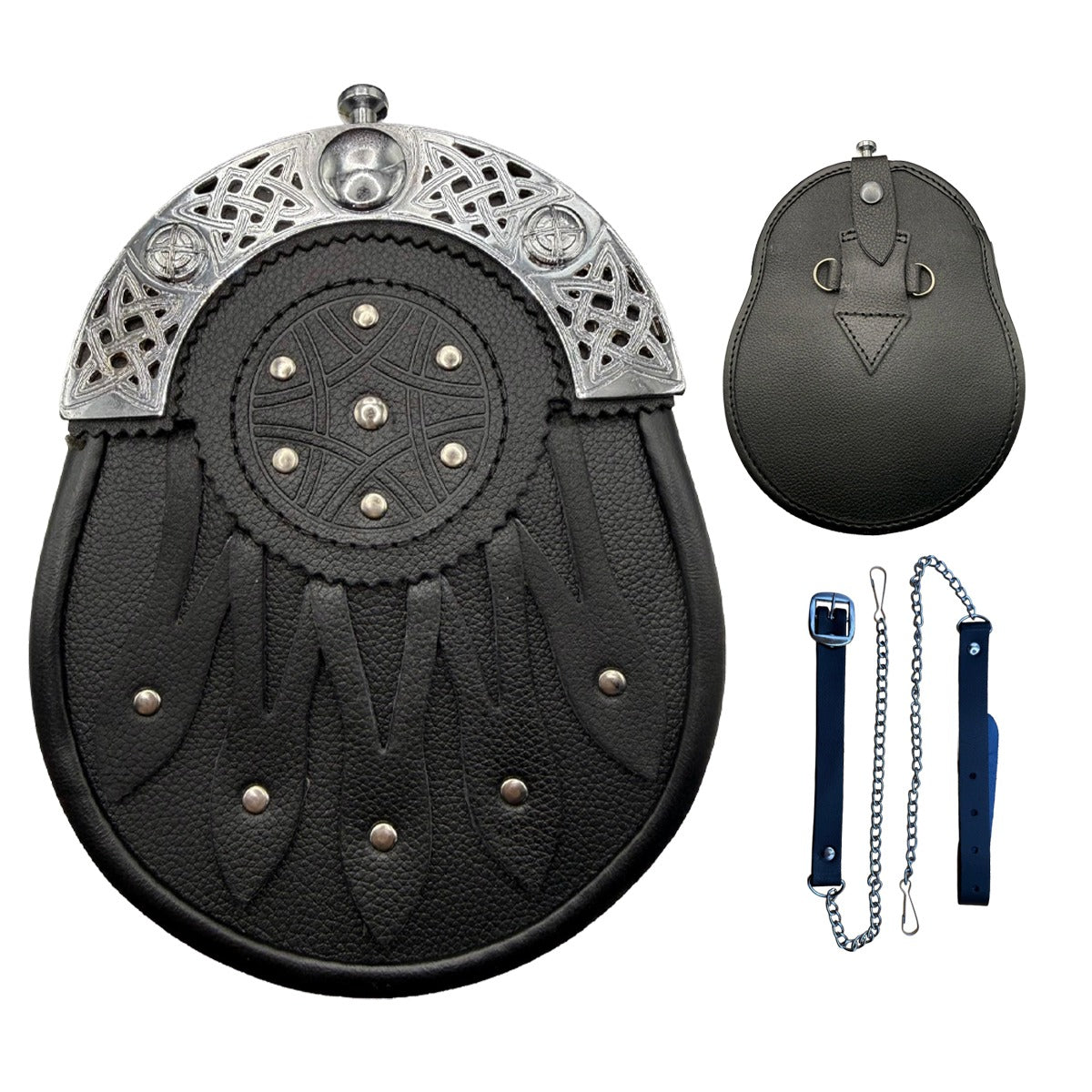 Brand New Celtic Design Black Leather Sporran With Celtic Cantel