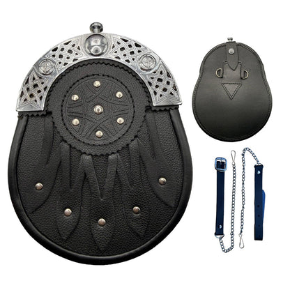 Brand New Celtic Design Black Leather Sporran With Celtic Cantel