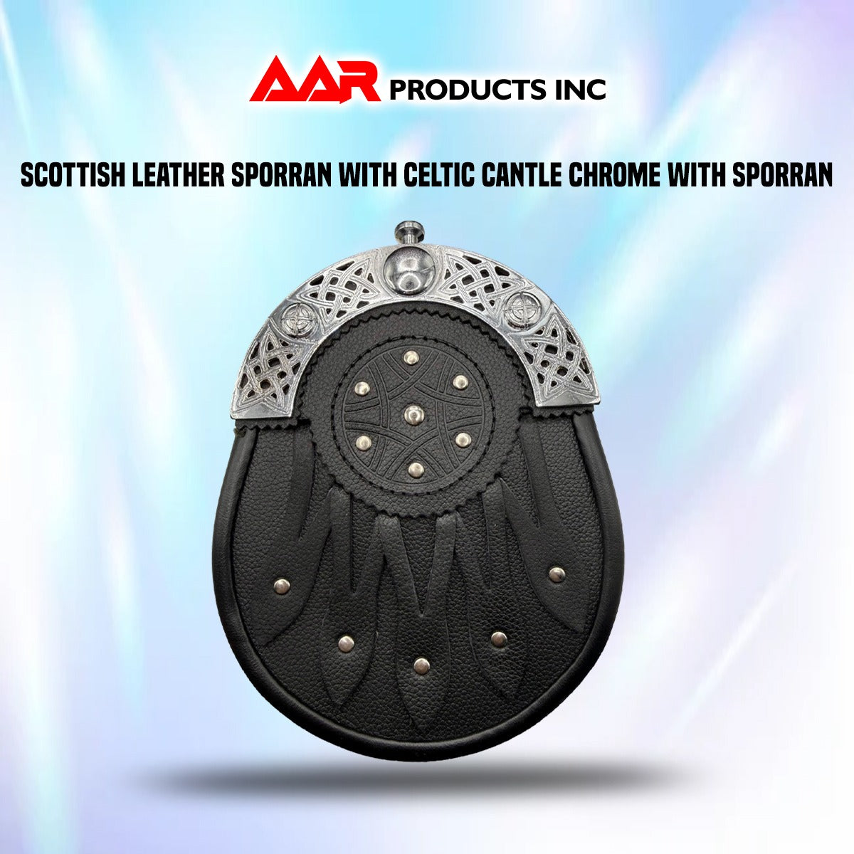 Brand New Celtic Design Black Leather Sporran With Celtic Cantel