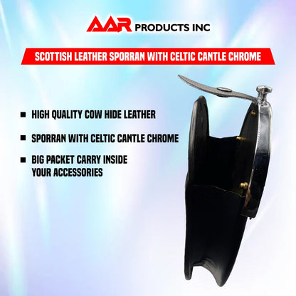 Brand New Celtic Design Black Leather Sporran With Celtic Cantel