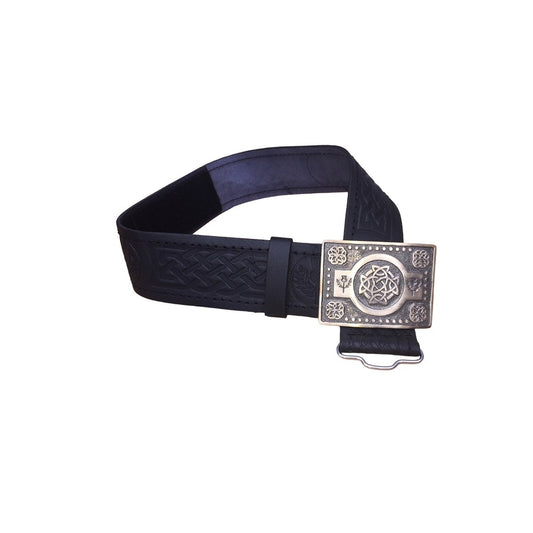 Black Leather Thistle Design Scottish Highland Kilt Belt With Antique Finish Buckle