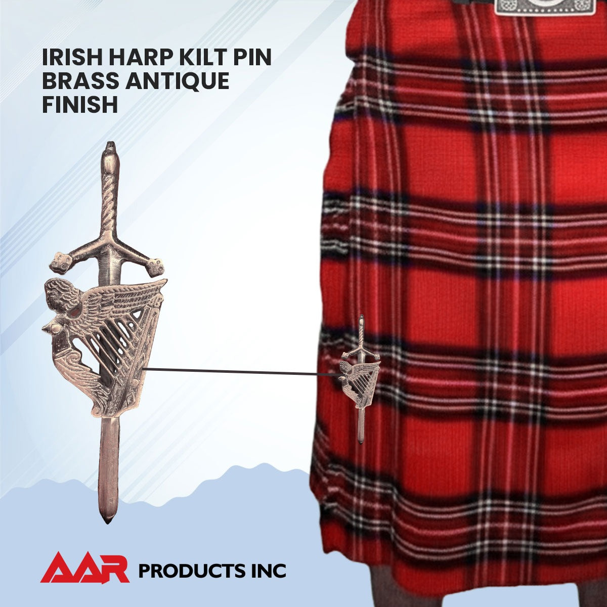 AAR Kilt Pins Scottish Big Harp Highland Kilts Pin Antique Plated 4"