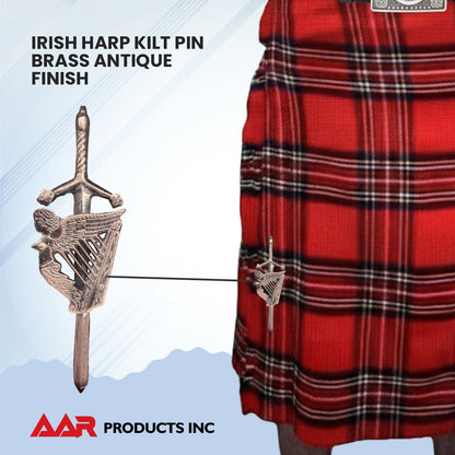 AAR Kilt Pins Scottish Big Harp Highland Kilts Pin Antique Plated 4"