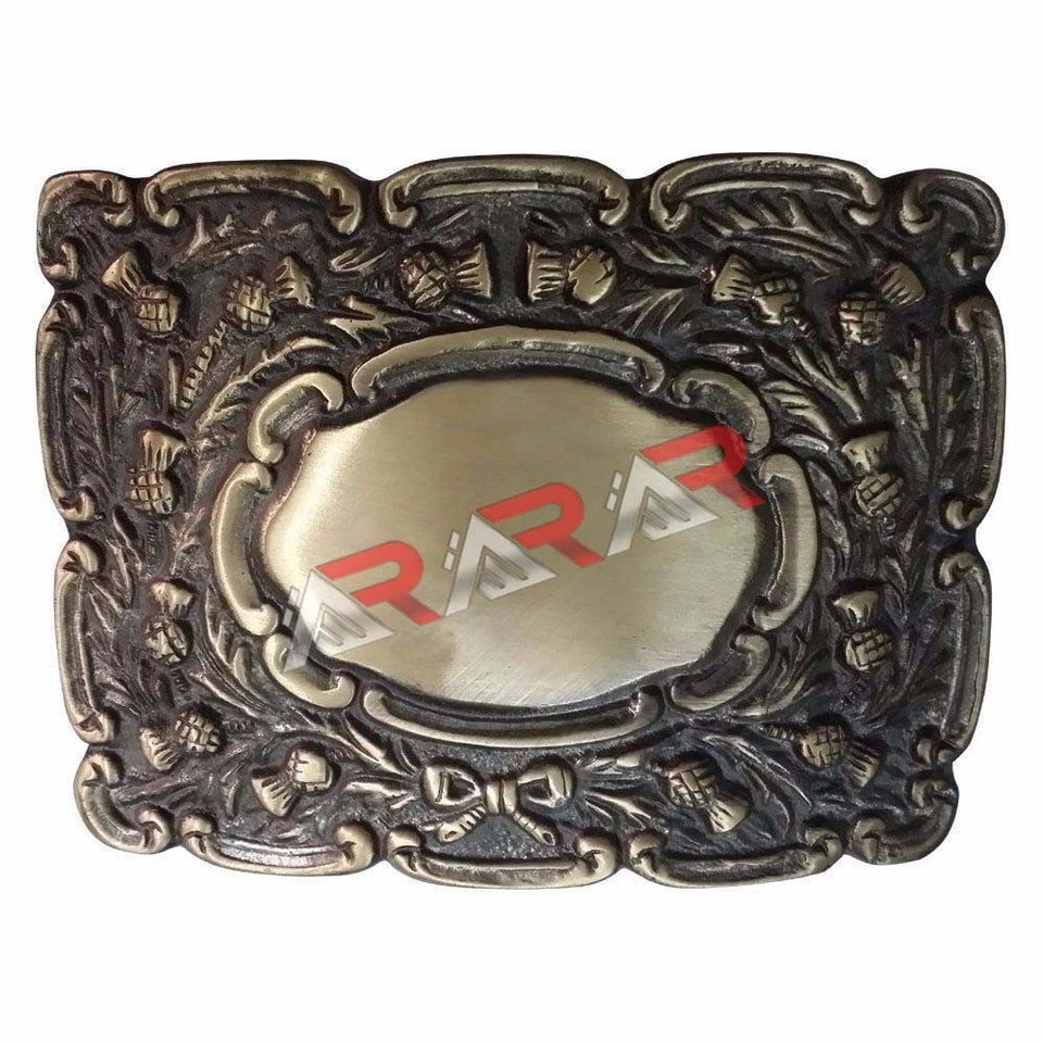 Highland Piper Thistle Design Kilt Belt Buckle Brass Bronze / Chrome Finish