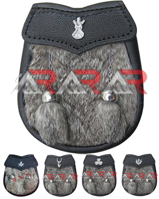 AAR Baby Sporran Brown Rabbit Fur 2 Tassels Free Leather Belt Chain Multi Design