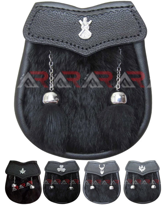 Baby Sporran Black Rabbit Fur 2 Tassels Free Leather Belt Chain Multi Design AAR