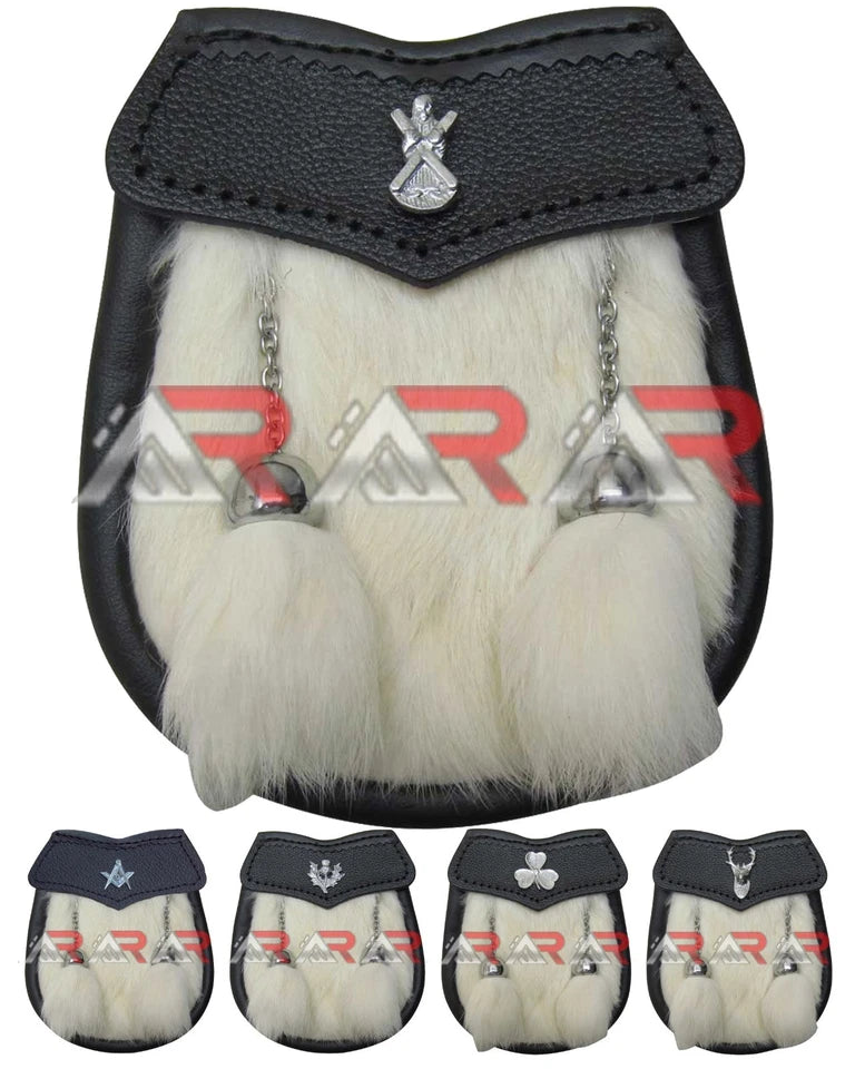 Baby Sporran White Rabbit Fur 2 Tassels Free Leather Belt Chain Multi Design AAR