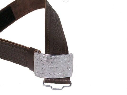 AAR Leather Celtic Design Kilt Belt Black & Brown With Chrome Finish Buckle Scottish Highland