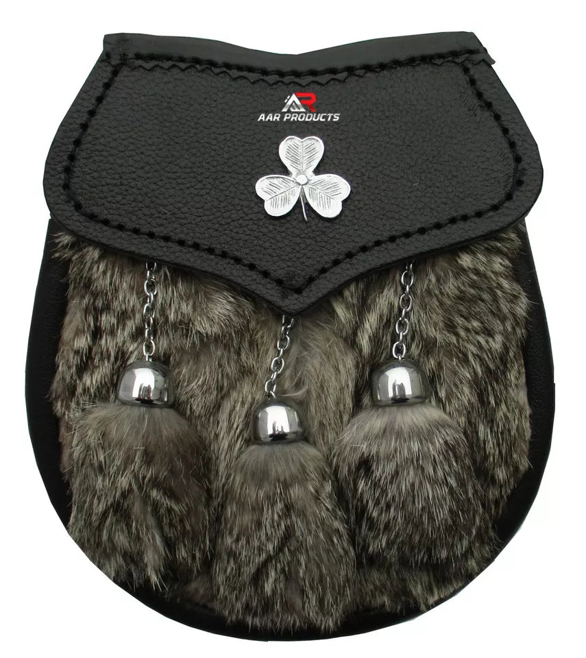 AAR Mens Semi Dress Sporran Brown Rabbit Formal Fur 3 Tassels Leather Belt Chain