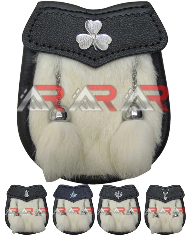 Baby Sporran White Rabbit Fur 2 Tassels Free Leather Belt Chain Multi Design AAR
