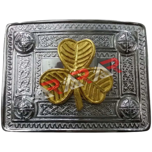 AAR Scottish Kilt Belt Buckle Celtic Design with Different Gold Badges Chrome Finish