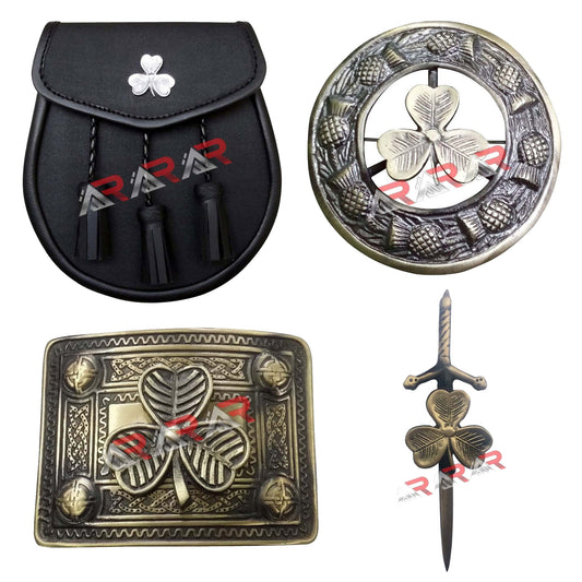 Men's Scottish Kilt Set Shamrock Irish Black Sporran Brooch Buckle Kilts