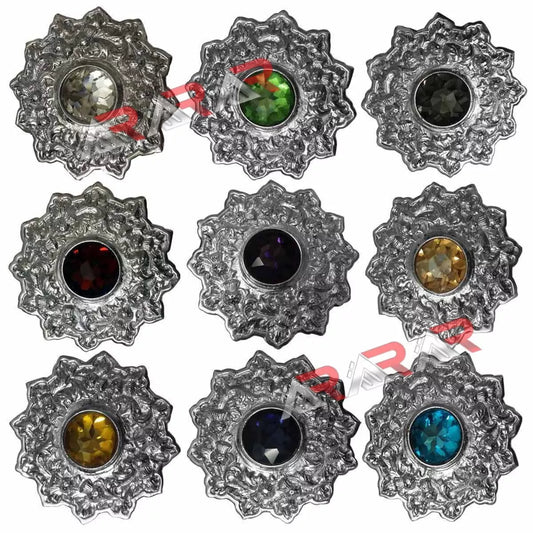AAR Scottish Kilt Fly Plaid Brooch – Thistle Design with Colored Stones | 4" Chrome Finish Highland Accessory