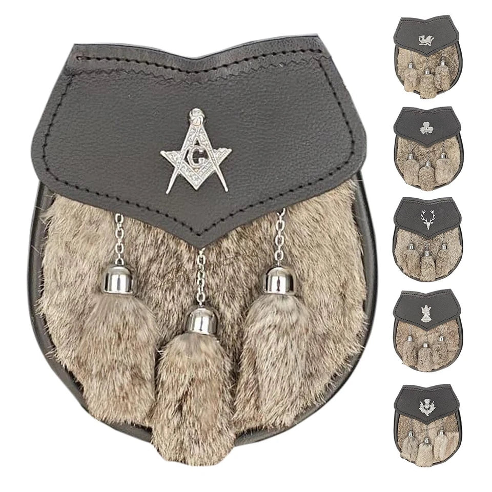 AAR Mens Semi Dress Sporran Brown Rabbit Formal Fur 3 Tassels Leather Belt Chain