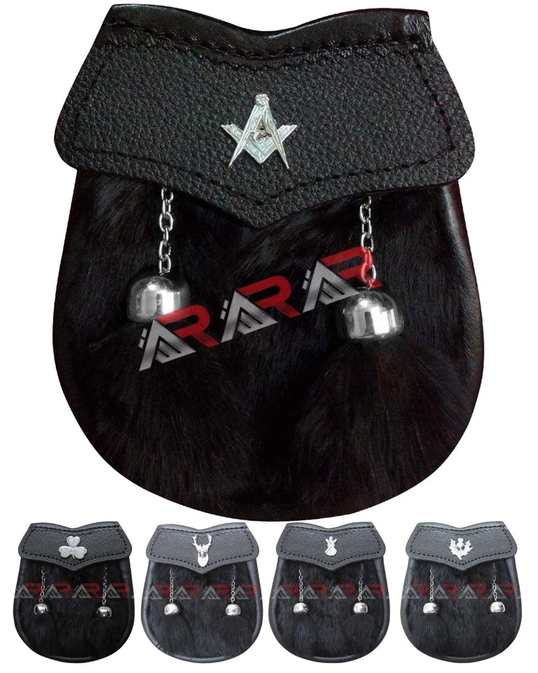 Baby Sporran Black Rabbit Fur 2 Tassels Free Leather Belt Chain Multi Design AAR