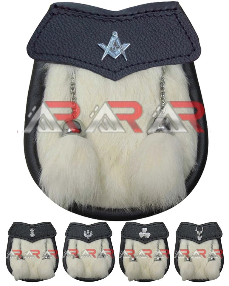 Baby Sporran White Rabbit Fur 2 Tassels Free Leather Belt Chain Multi Design AAR
