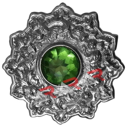 AAR Scottish Kilt Fly Plaid Brooch – Thistle Design with Colored Stones | 4" Chrome Finish Highland Accessory