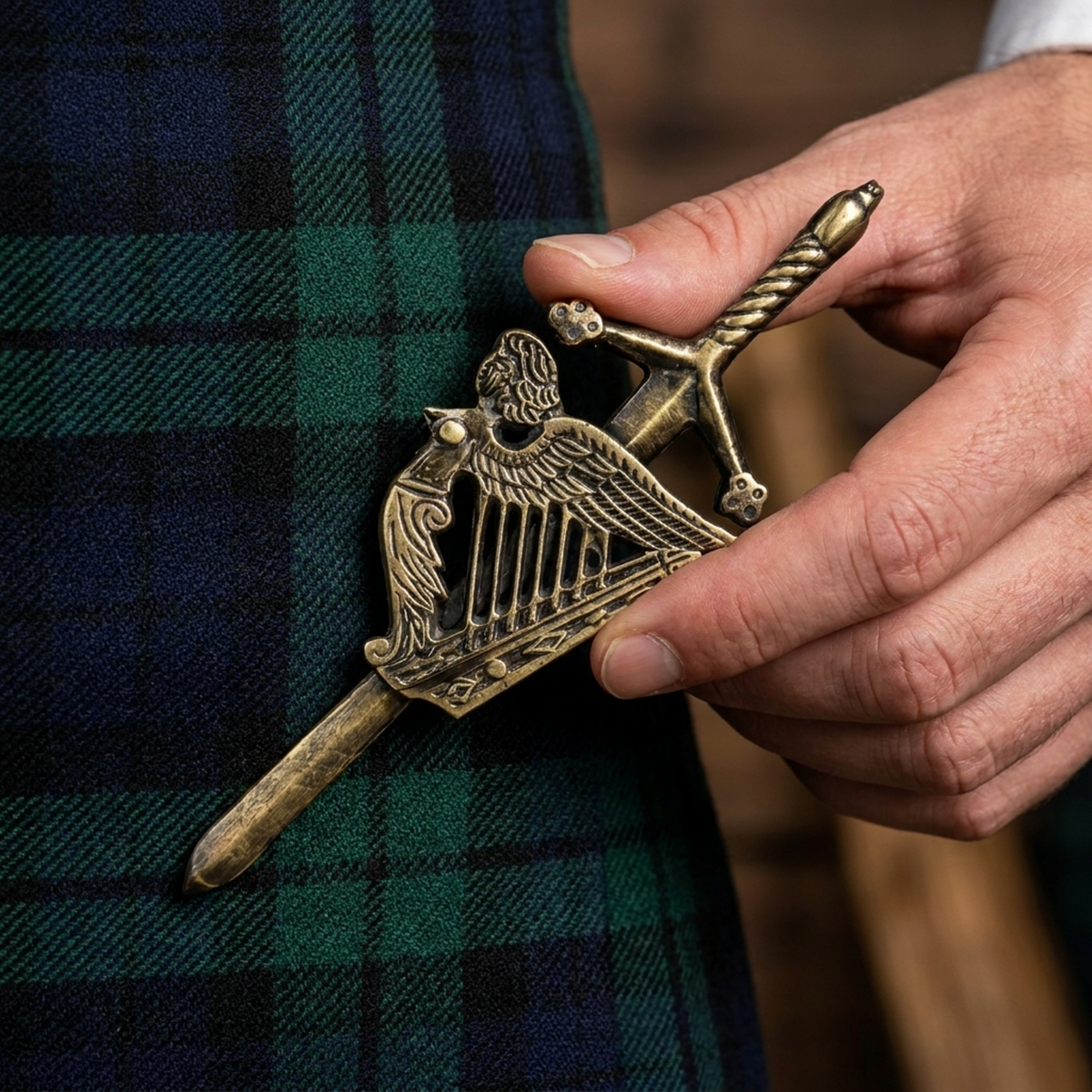AAR Kilt Pins Scottish Big Harp Highland Kilts Pin Antique Plated 4"