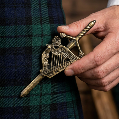 AAR Kilt Pins Scottish Big Harp Highland Kilts Pin Antique Plated 4"