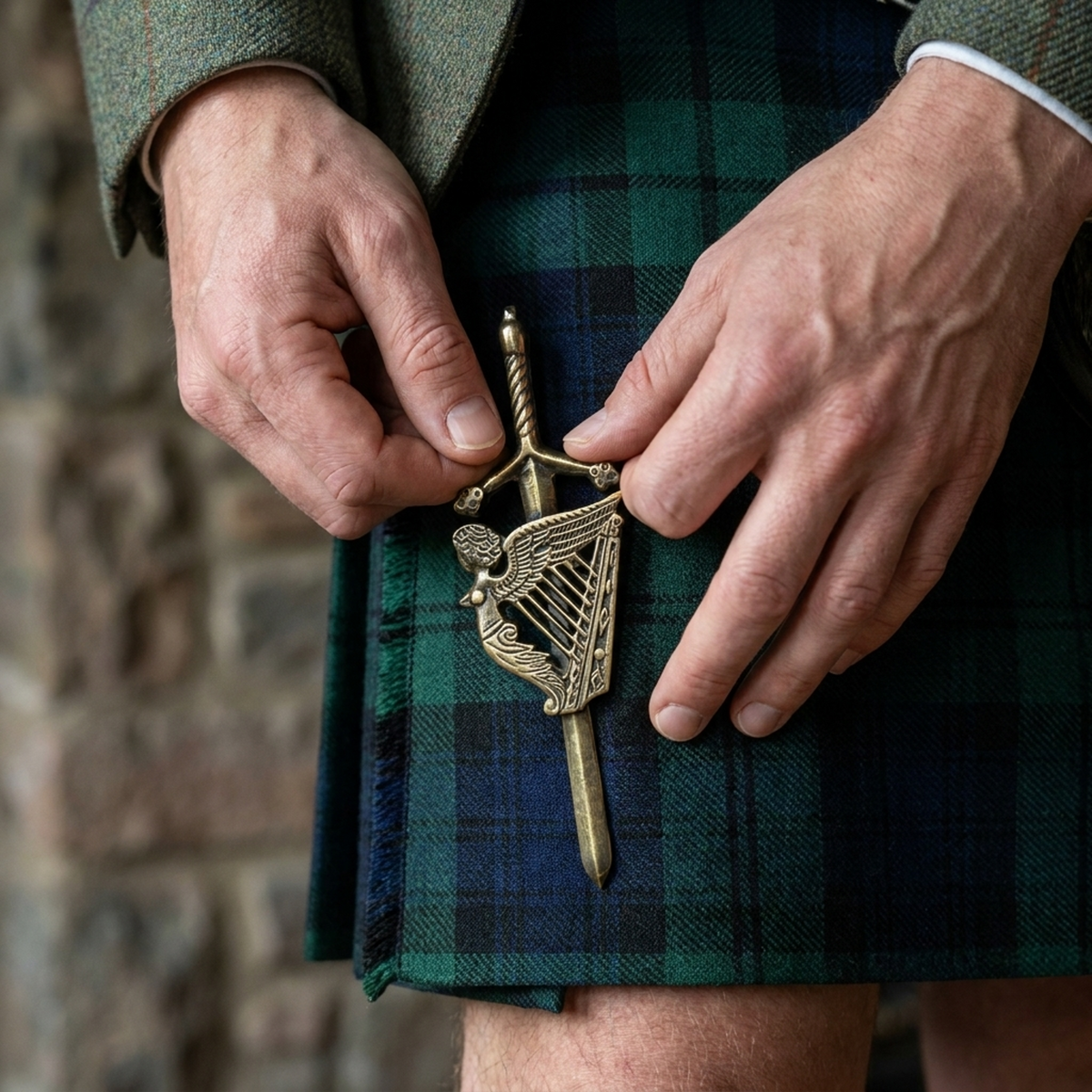 AAR Kilt Pins Scottish Big Harp Highland Kilts Pin Antique Plated 4"