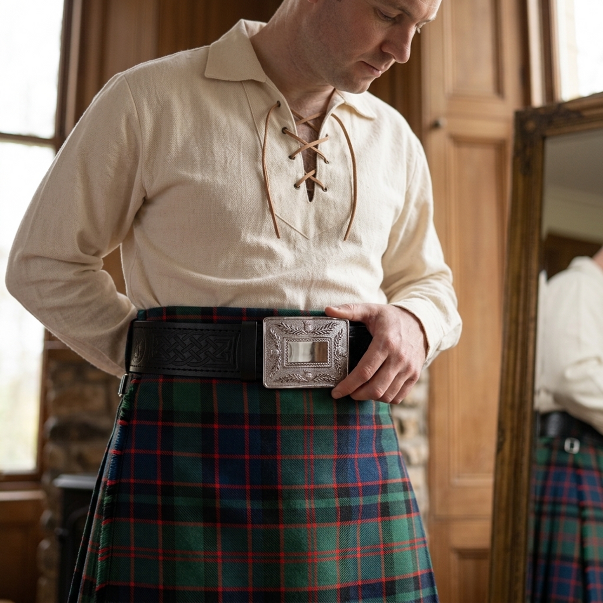 Leather Thistle Design Kilt Belt Black Scottish Chrome Finish with Buckle