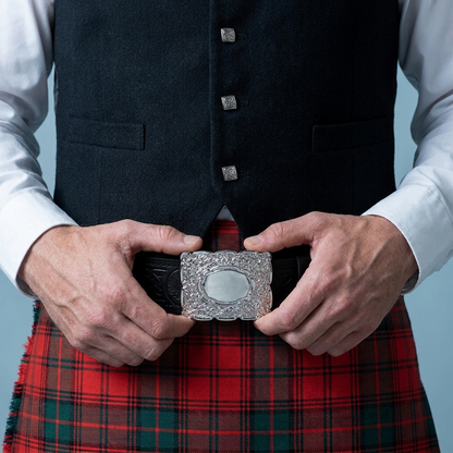 Leather Thistle Design Kilt Belt Black Scottish Chrome Finish Thistle Buckle