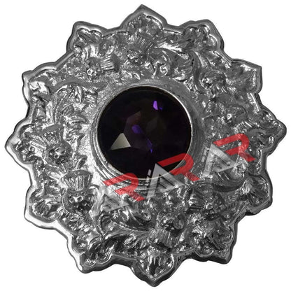 AAR Scottish Kilt Fly Plaid Brooch – Thistle Design with Colored Stones | 4" Chrome Finish Highland Accessory