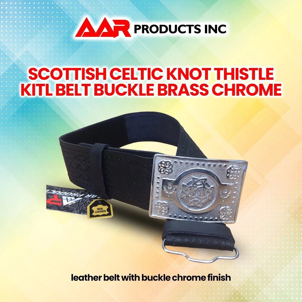 Leather Thistle Design Kilt Belt Black Scottish Chrome Finish Celtic Buckle