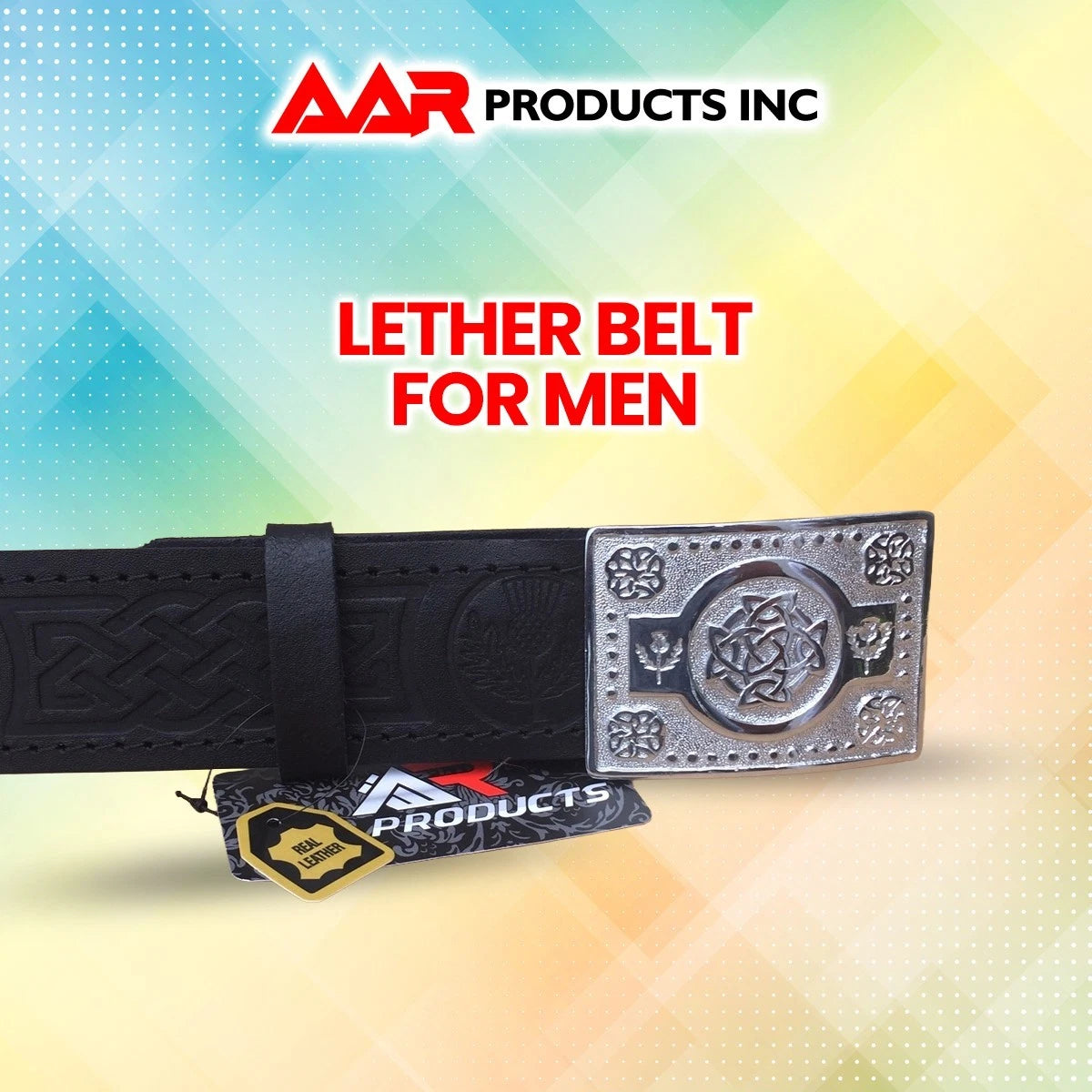Leather Thistle Design Kilt Belt Black Scottish Chrome Finish Celtic Buckle