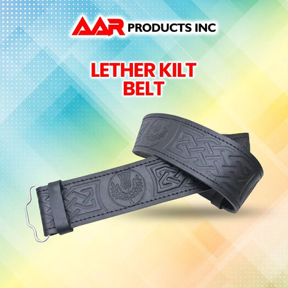 Leather Thistle Design Kilt Belt Black Scottish Chrome Finish Celtic Buckle