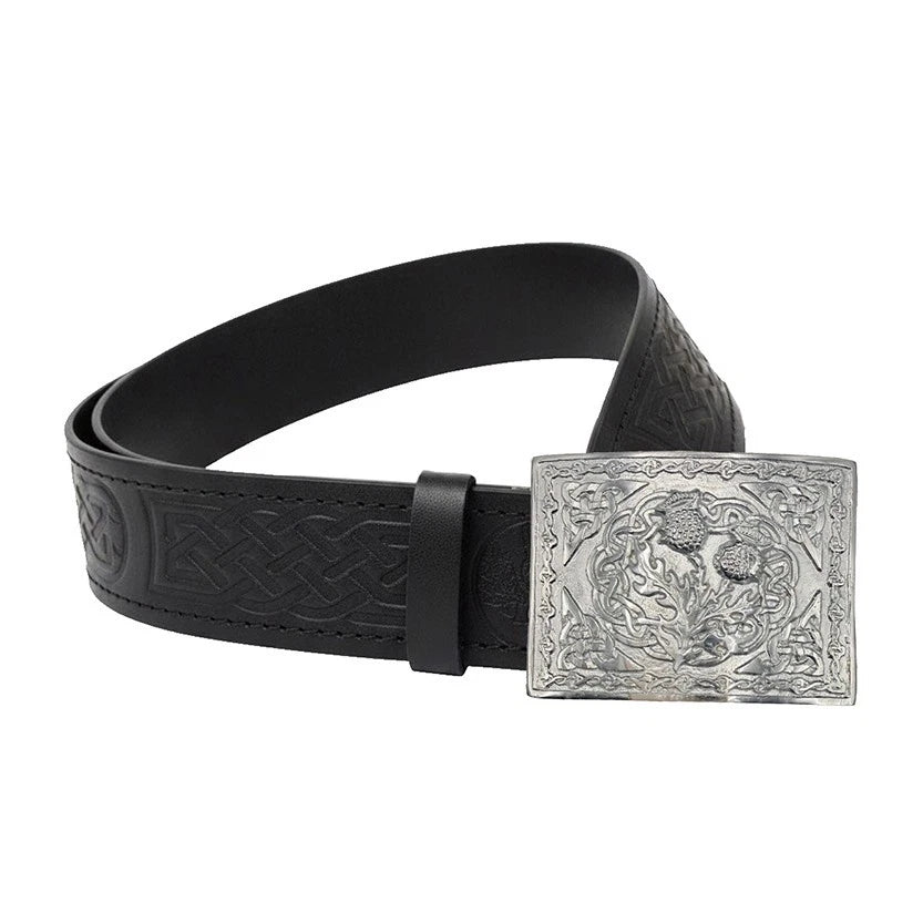 Leather Thistle Design Kilt Belt Black Scottish Chrome Finish Thistle Buckle