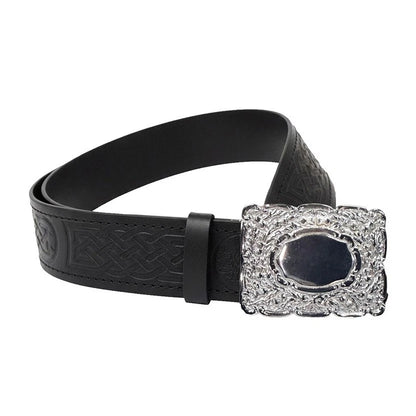 Leather Thistle Design Kilt Belt Black Scottish Chrome Finish Thistle Buckle
