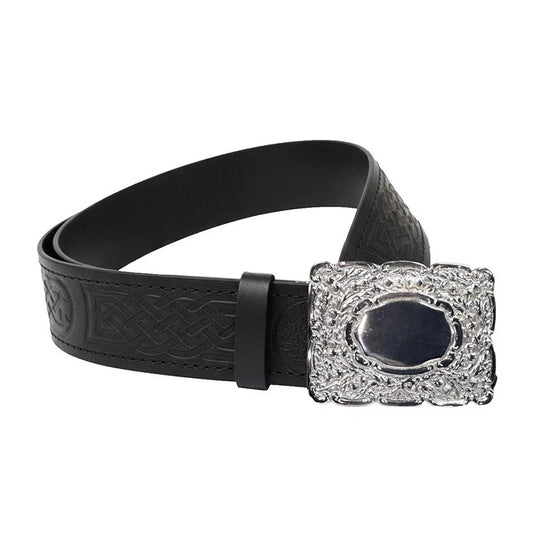 Leather Thistle Design Kilt Belt Black Scottish Chrome Finish Thistle Buckle