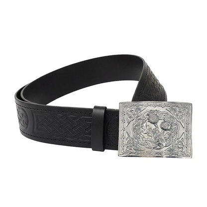 Leather Thistle Design Kilt Belt Black Scottish Chrome Finish Thistle Buckle